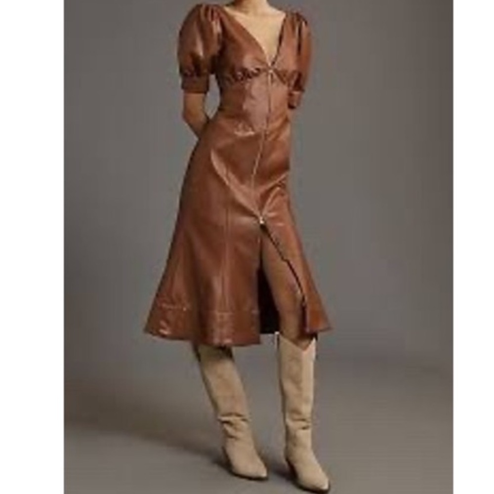Anthropologie Brown Faux Leather Midi Dress with Puff Sleeves, NWT